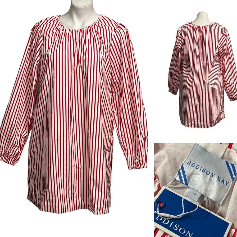 Addison Bay cotton poplin Port Dress Super white poppy Stripe Shift Sm long slv